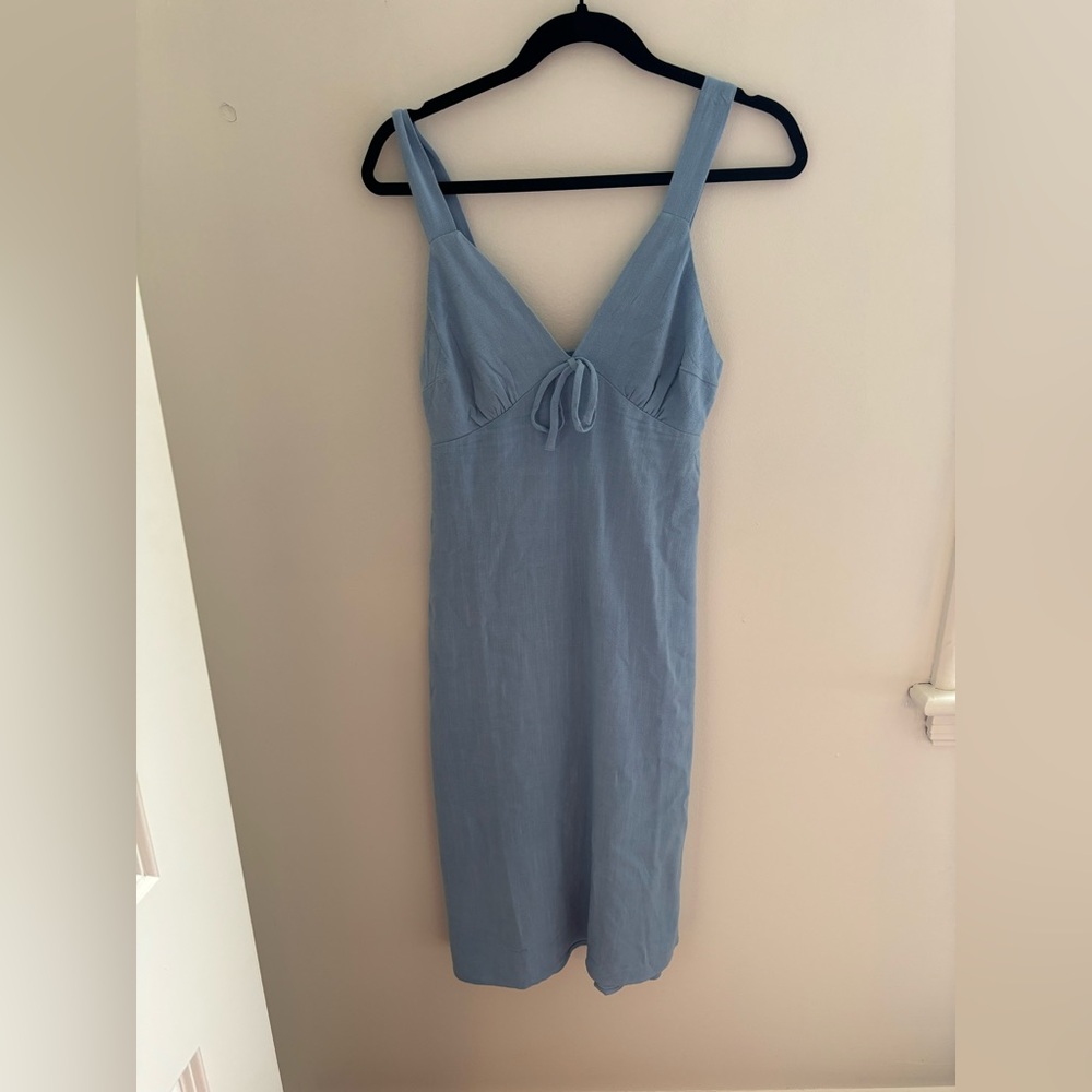 Monteau Linen Blend Light Blue Midi Dress NWT